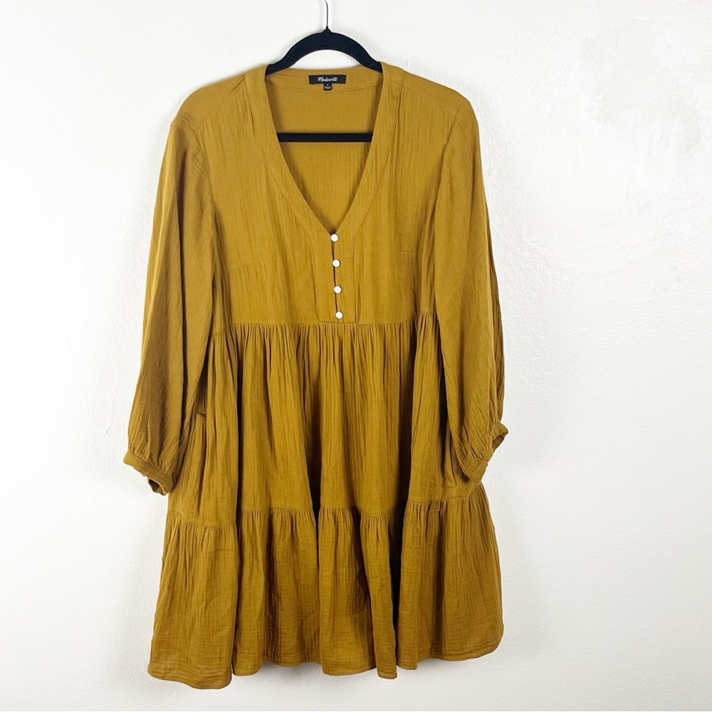 MADEWELL Lightspun Colette Antique Gold V-Neck Tiered Mini Dress 2 Boho Preppy